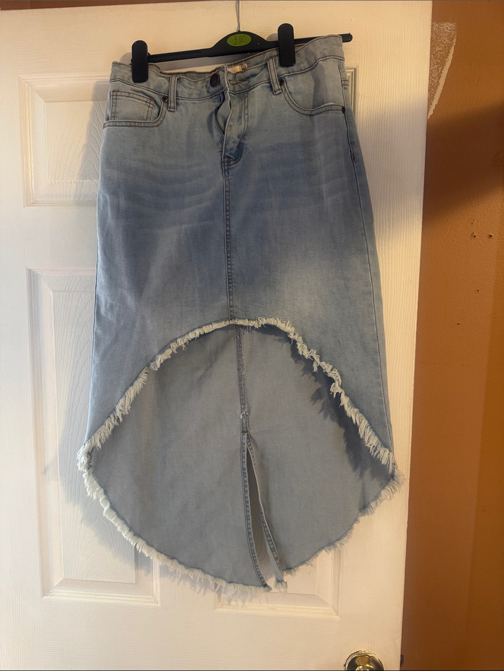 Light Wash Distressed High-Low Denim Skirt